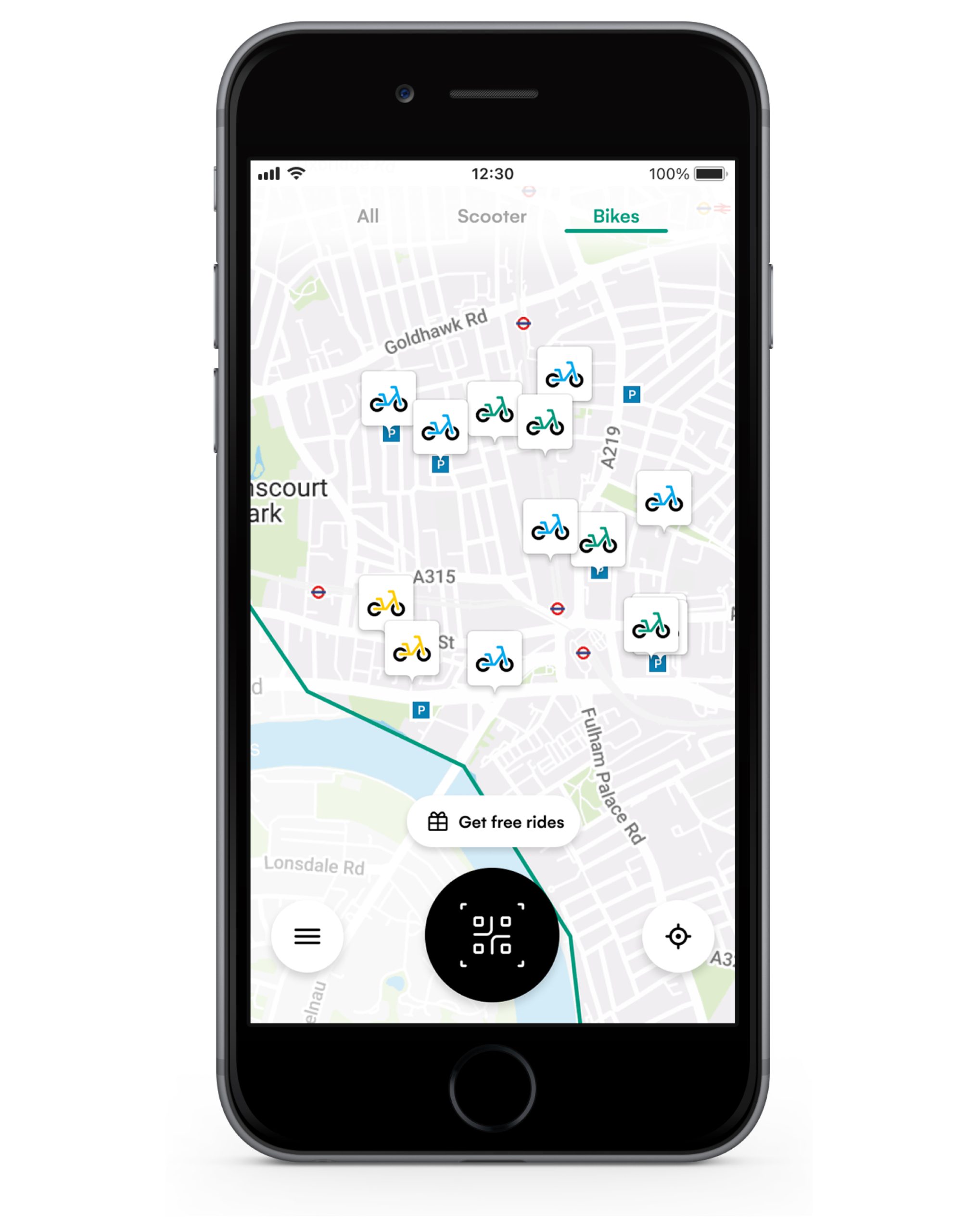 A snapshot of the Dott in-app map. E-bike icons are displayed on the map to indicate the designated parking spots.