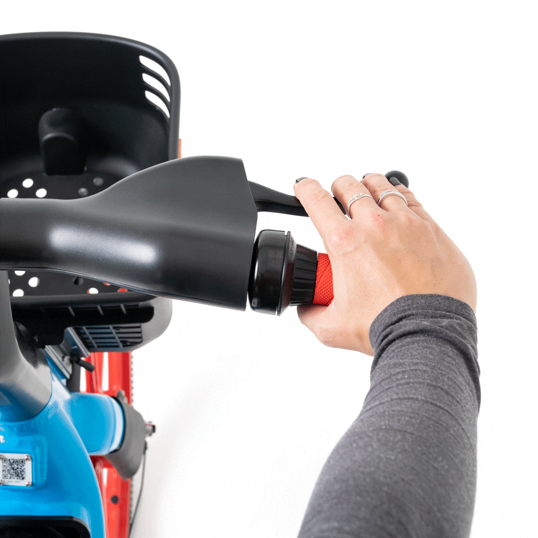 A GIF of a hand squeezing the handlebar brake of a Dott e-bike, with an illustrated arrow moving downwards to show movement.